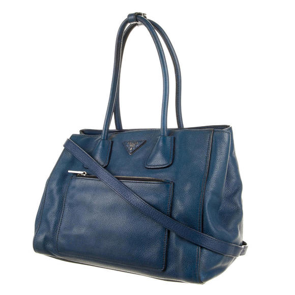 Prada Two-Way Blue Vitello Daino Tote Bag w/ Detachable Strap - Picture 2 of 7